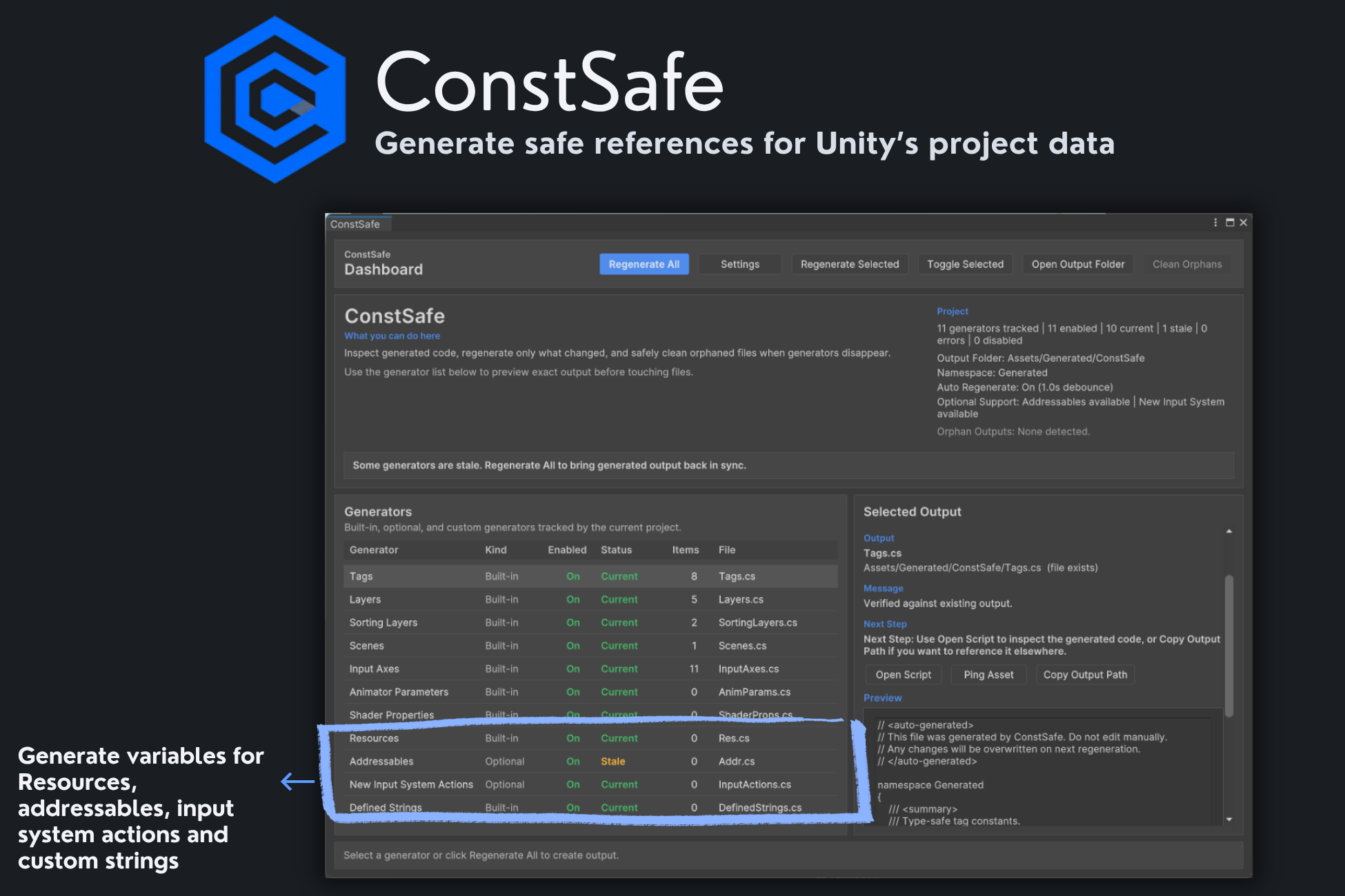 ConstSafe showcase graphic for generated Unity references and editor workflow.