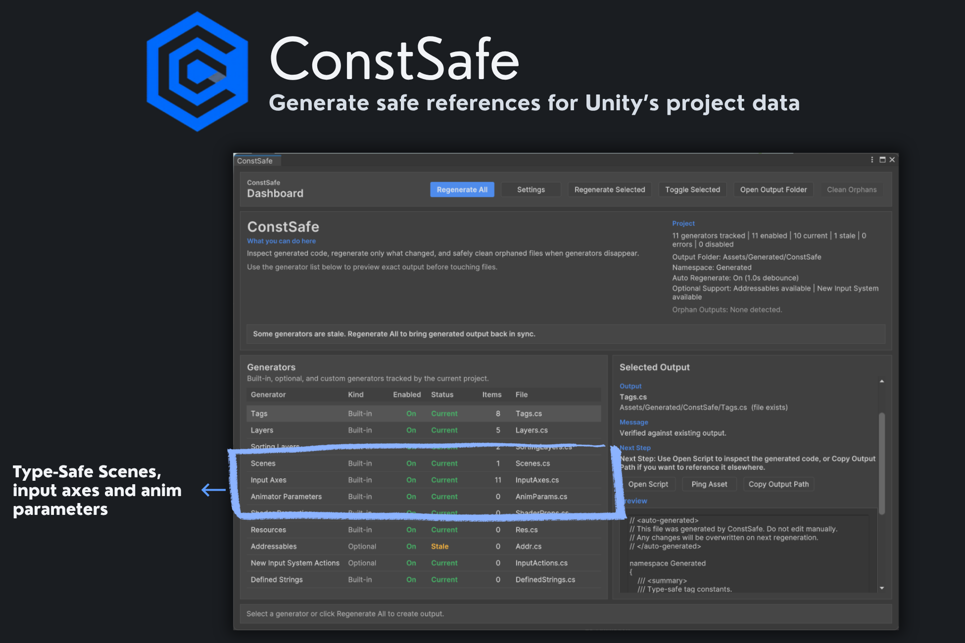 ConstSafe workflow graphic highlighting generated constants for Unity data.
