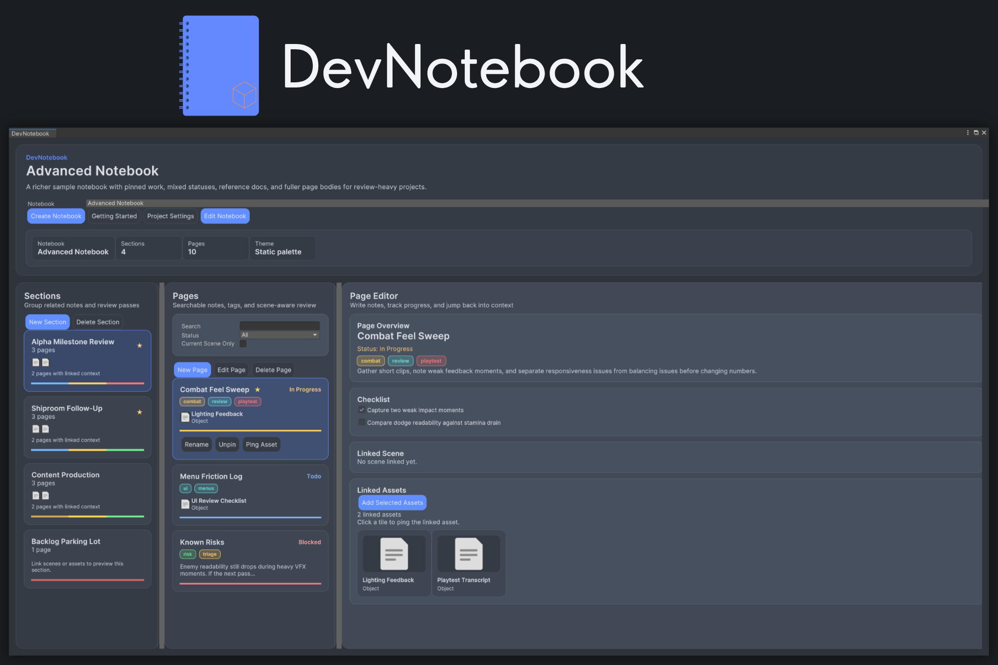 DevNotebook workspace with sections, statuses, checklists, and asset links.