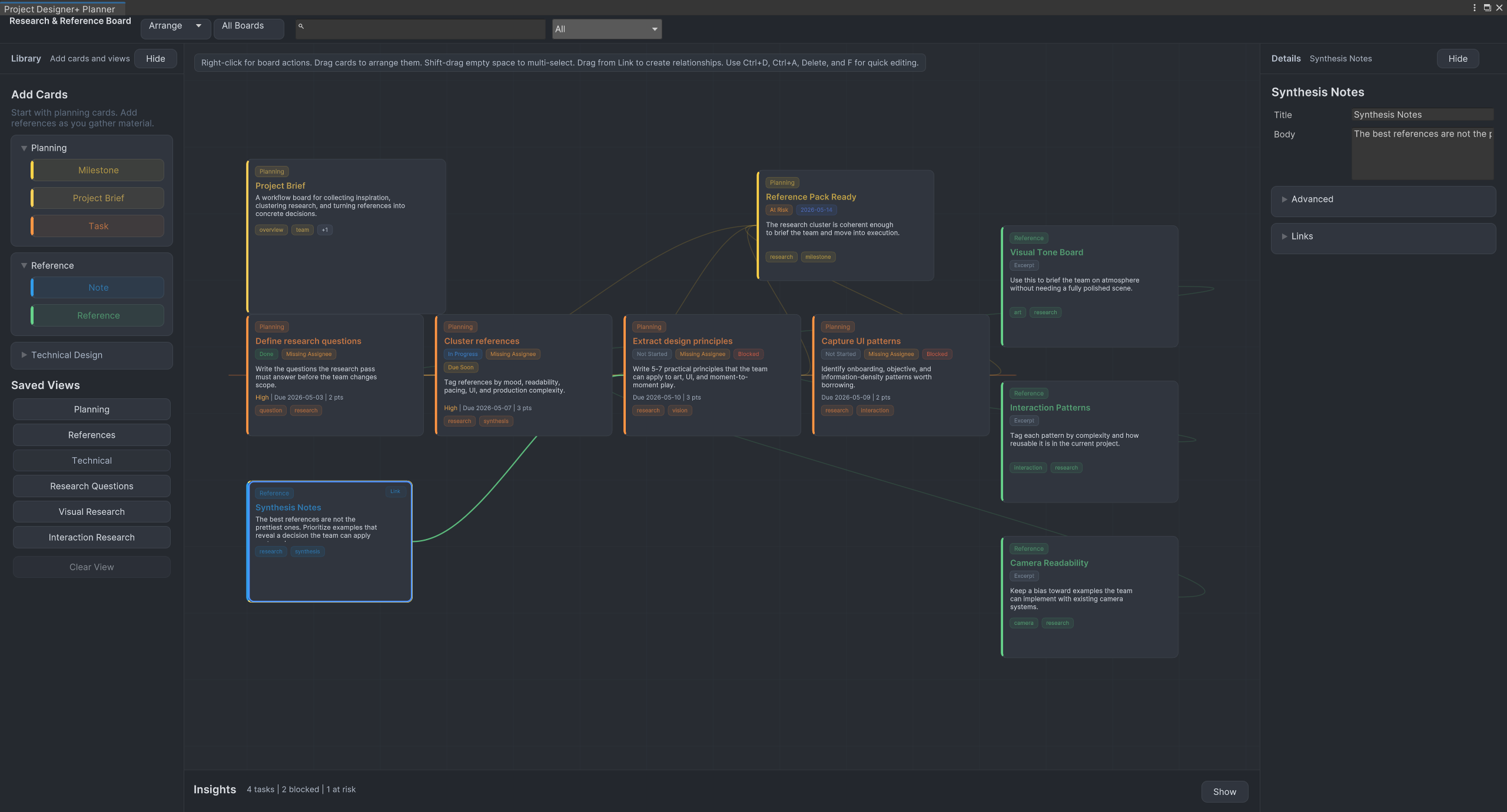 Project Designer+ reference board combining notes, links, and supporting context.