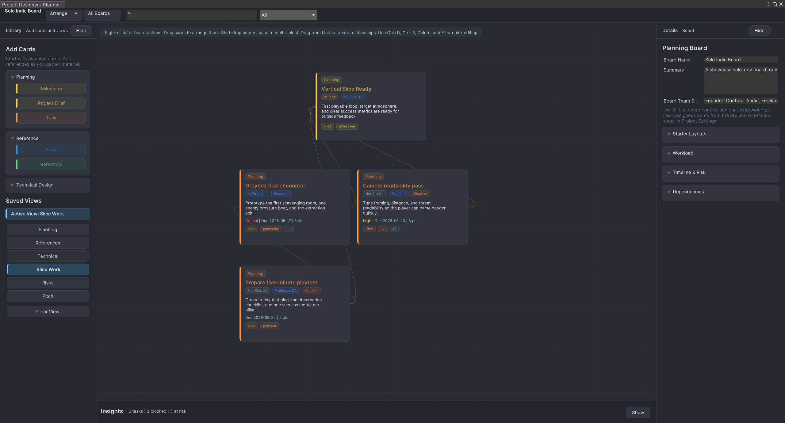 Project Designer+ planning board with linked cards for milestones, systems, and tasks.