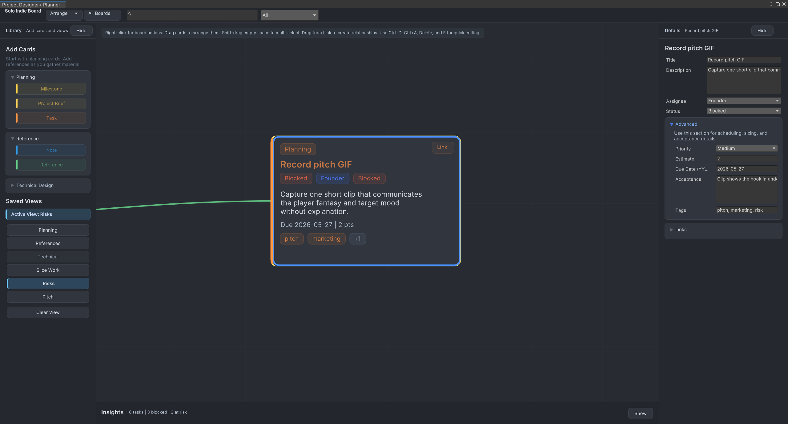 Project Designer+ workspace showing a larger planning canvas for Unity production work.