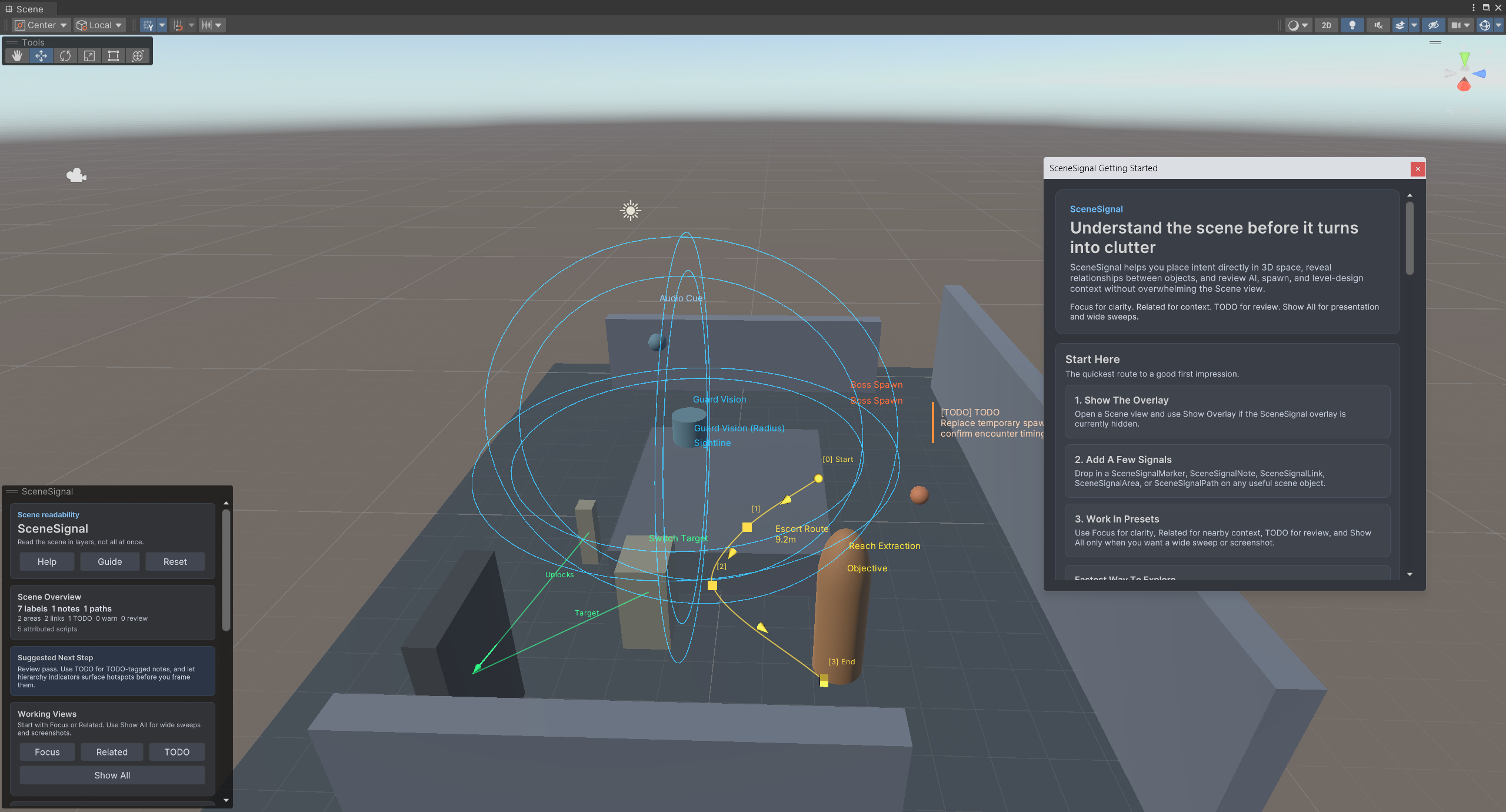 SceneSignal annotation markers laid out across a Unity scene.