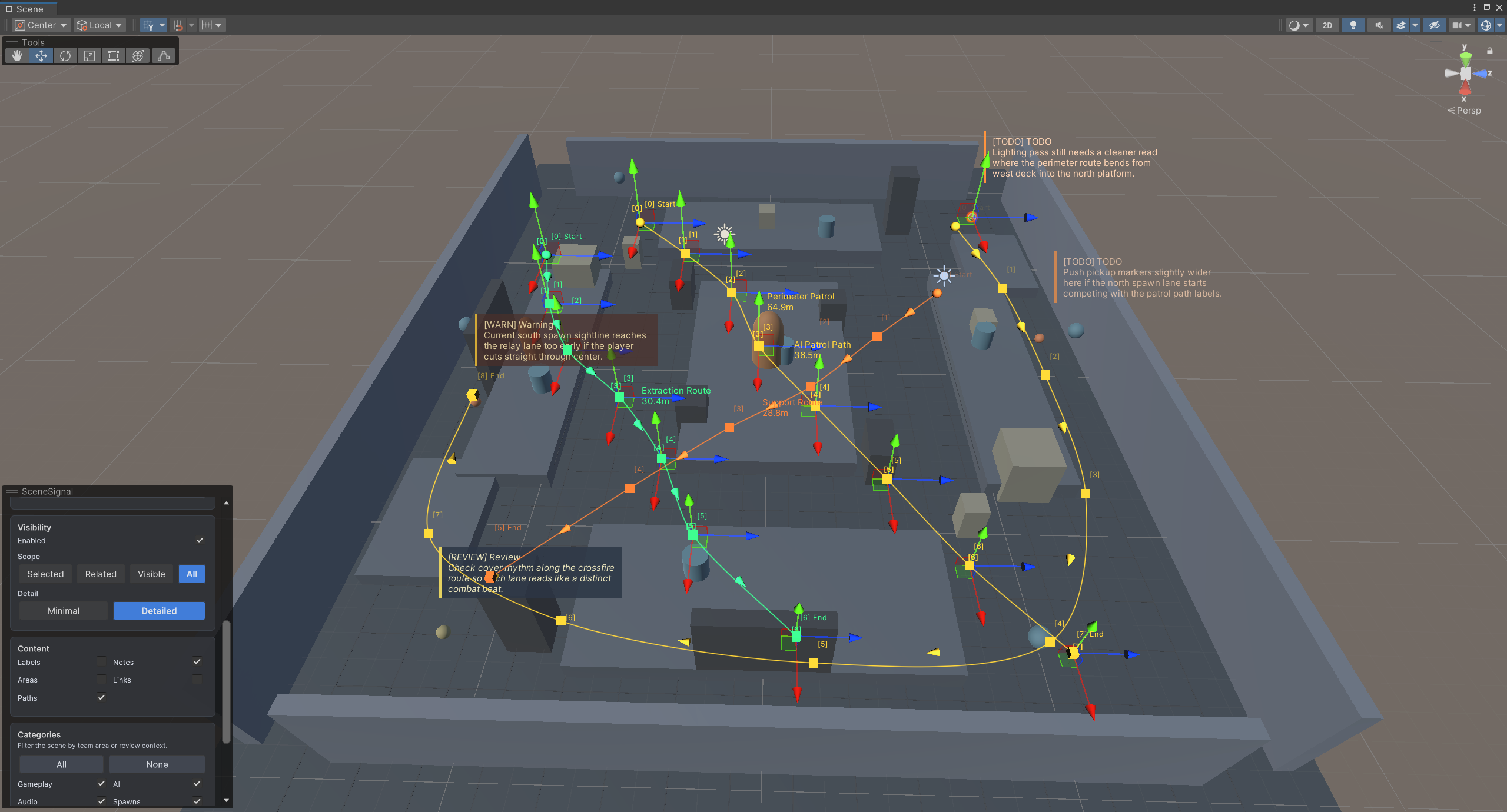 SceneSignal path editing with waypoint handles and direction arrows.