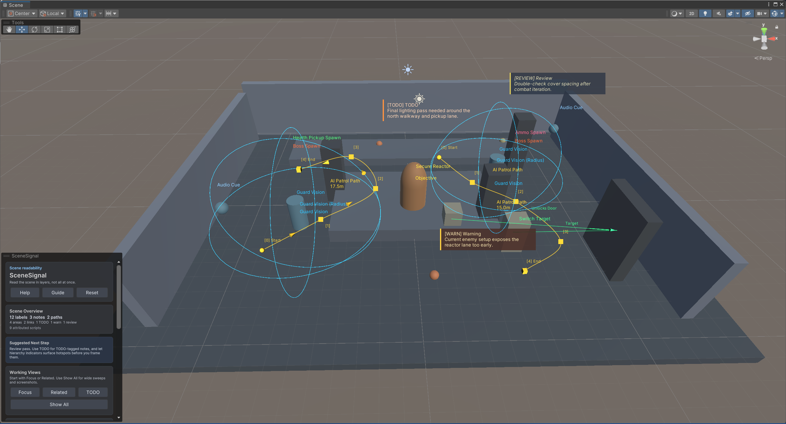 SceneSignal scene readability workflow with labels, areas, and links.